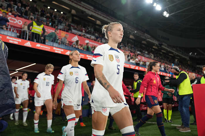 Team USA, Hailie Mace, Trinity Rodman, Lindsey Horan and the rest of USWNT make their way out to the field to play Spain in Pamplona, Spain.